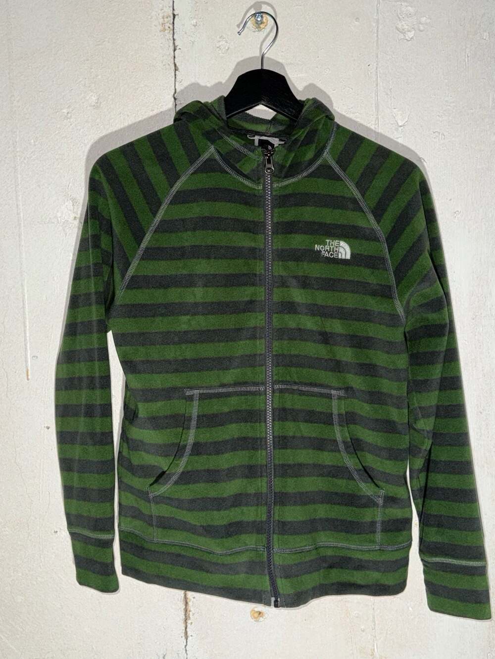 The North Face Boy's Large 14/16 Green and Black Striped Fleece Full-Zip Hoodie